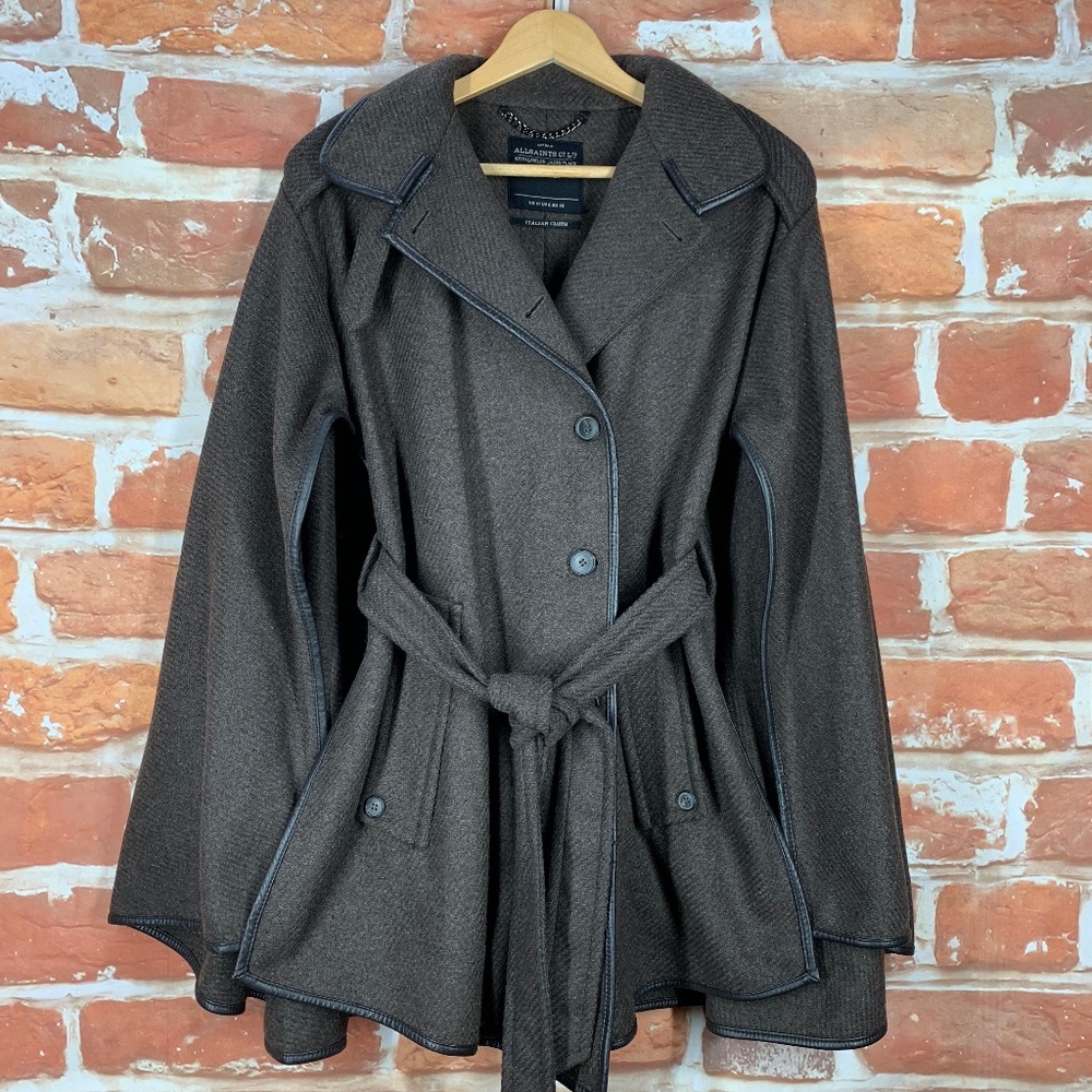 All Saints 6 S Wool Leather Trench Cape Shawl Coat